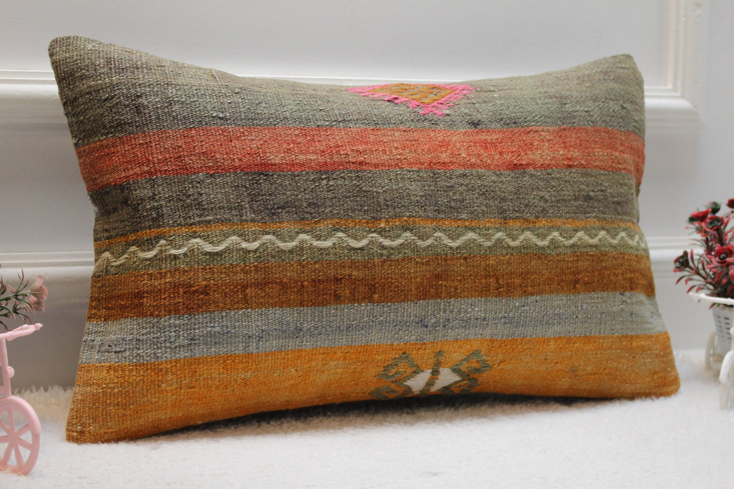 Striped Kilim Lumbar Pillow Cover: Handmade Upcycled Wool, 12x20 inch