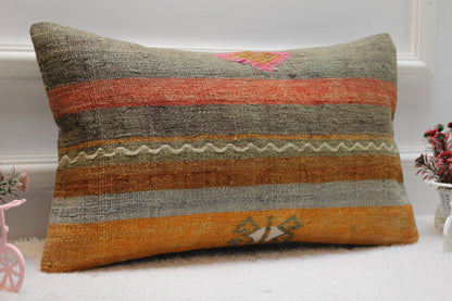 Striped Kilim Lumbar Pillow Cover: Handmade Upcycled Wool, 12x20 inch