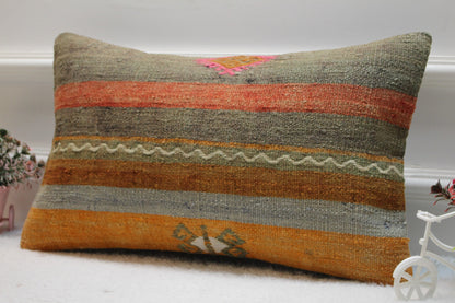 Striped Kilim Lumbar Pillow Cover: Handmade Upcycled Wool, 12x20 inch