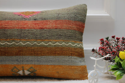 Striped Kilim Lumbar Pillow Cover: Handmade Upcycled Wool, 12x20 inch
