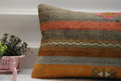 Striped Kilim Lumbar Pillow Cover: Handmade Upcycled Wool, 12x20 inch