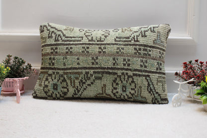 Green Turkish Rug Lumbar Pillow Cover: Vintage Woven Wool (12x20 inc)