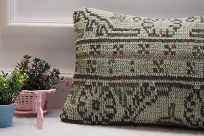 Green Turkish Rug Lumbar Pillow Cover: Vintage Woven Wool (12x20 inc)