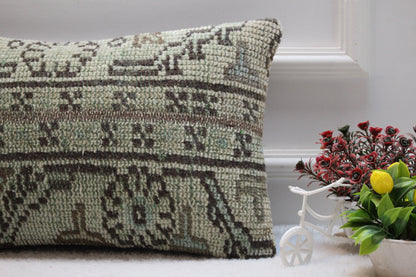 Green Turkish Rug Lumbar Pillow Cover: Vintage Woven Wool (12x20 inc)