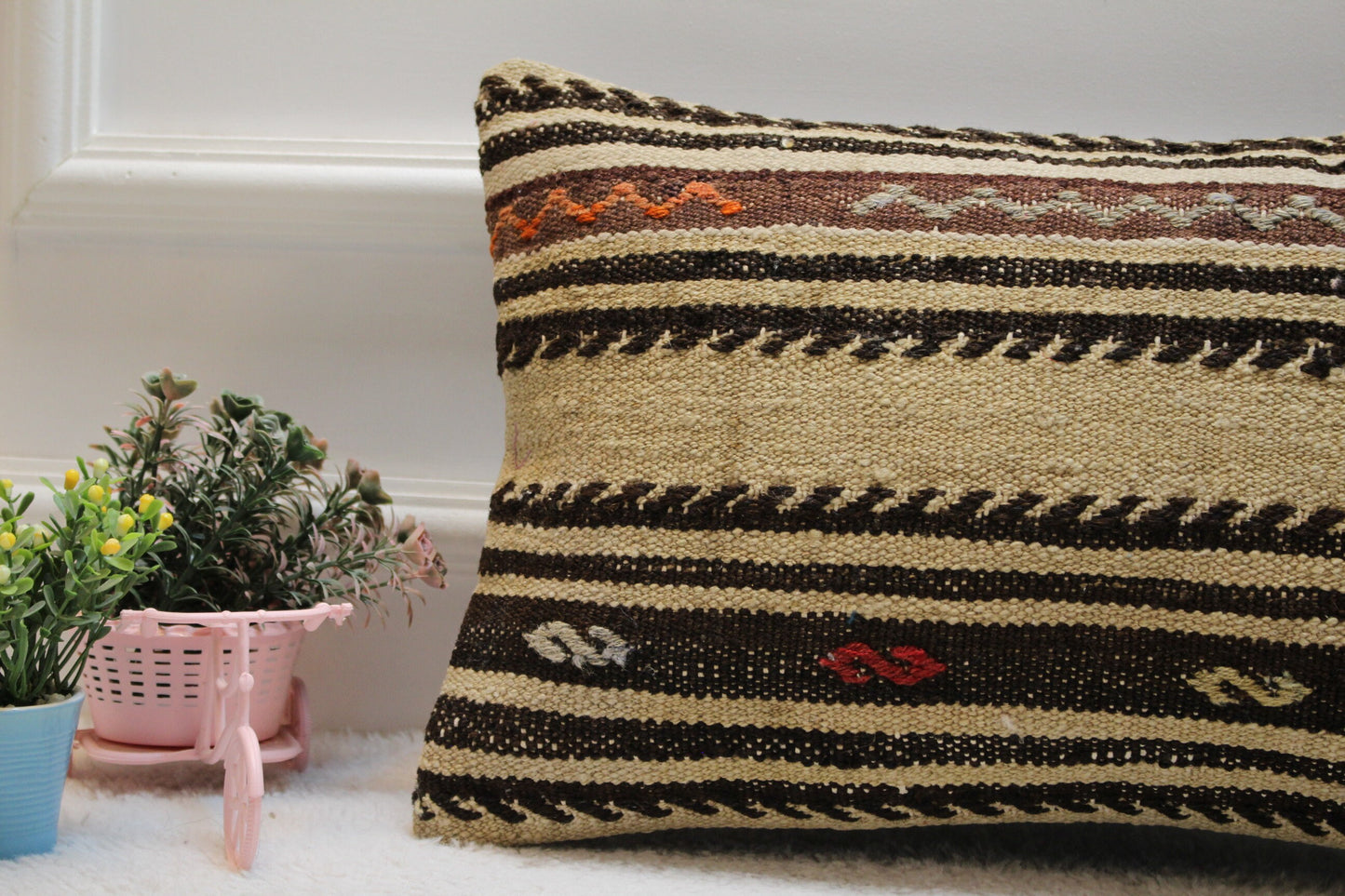 Striped Kilim Lumbar Pillow Cover: Vintage Boho Rug, 12x20 inch