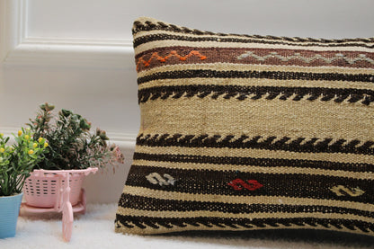 Striped Kilim Lumbar Pillow Cover: Vintage Boho Rug, 12x20 inch