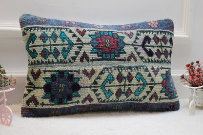 Handmade Turkish Rug Lumbar Pillow Cover: Vintage Patchwork Design (12x20 in)