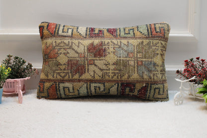 Handmade Kilim Lumbar Pillow Cover: Geometric Rug Design (12x20 in)