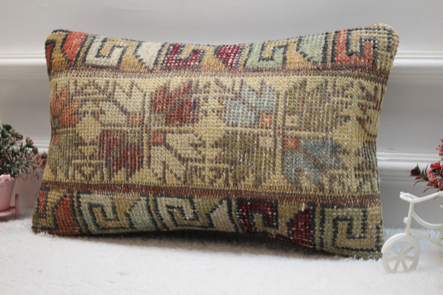 Handmade Kilim Lumbar Pillow Cover: Geometric Rug Design (12x20 in)