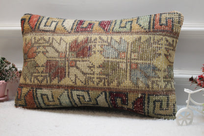 Handmade Kilim Lumbar Pillow Cover: Geometric Rug Design (12x20 in)