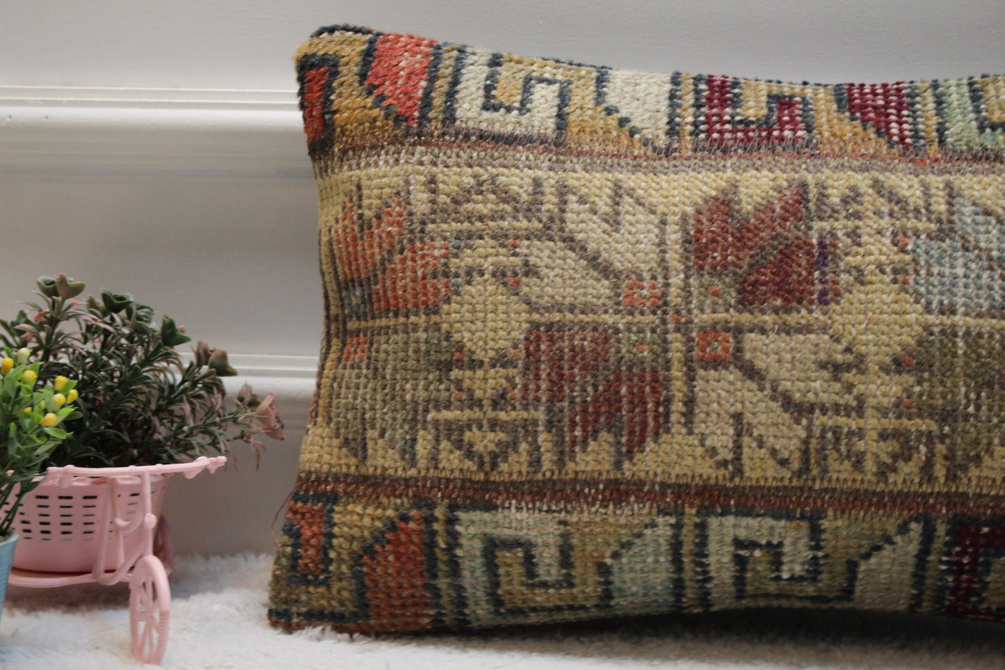 Handmade Kilim Lumbar Pillow Cover: Geometric Rug Design (12x20 in)