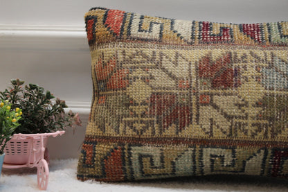 Handmade Kilim Lumbar Pillow Cover: Geometric Rug Design (12x20 in)