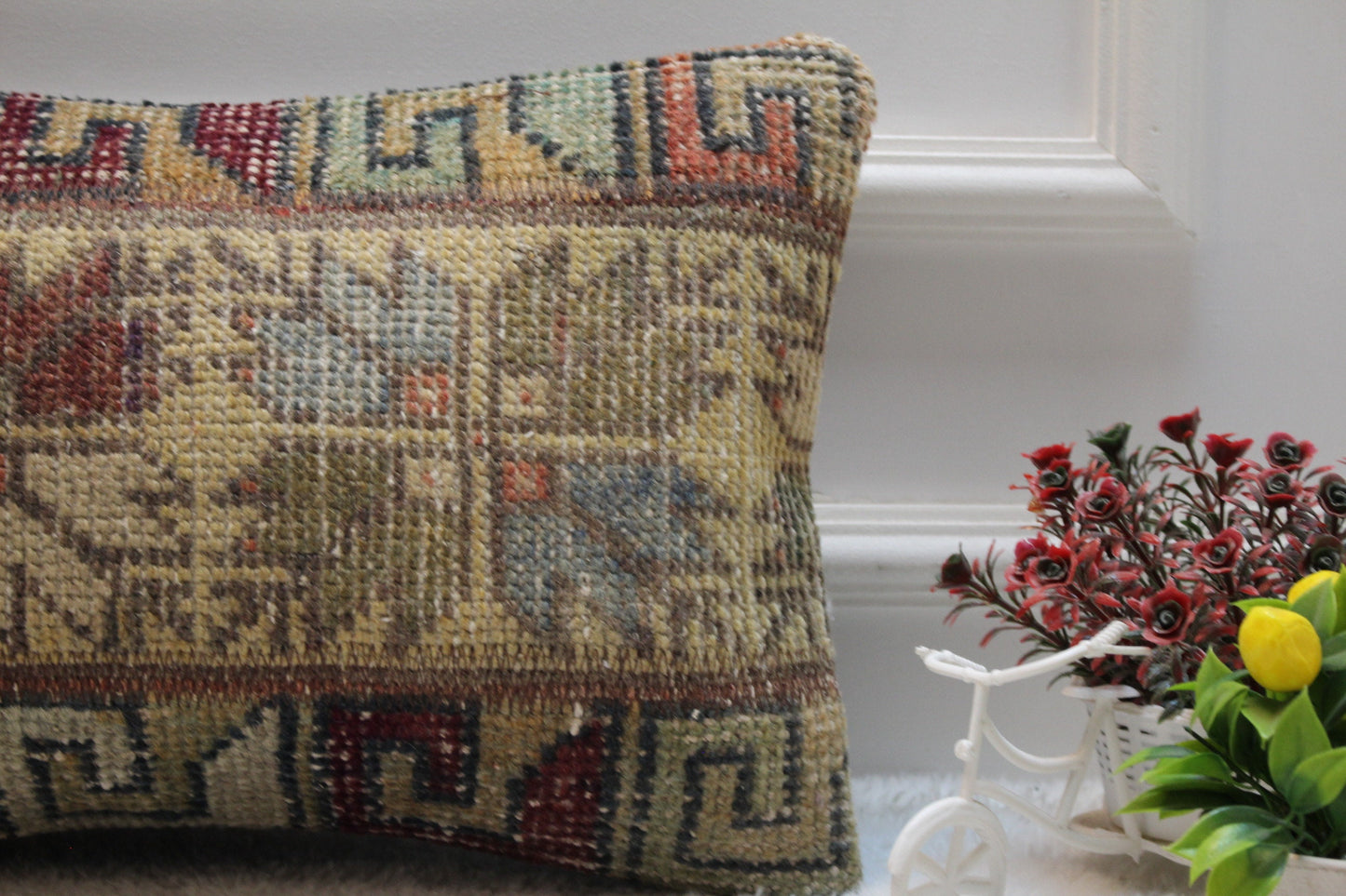 Handmade Kilim Lumbar Pillow Cover: Geometric Rug Design (12x20 in)