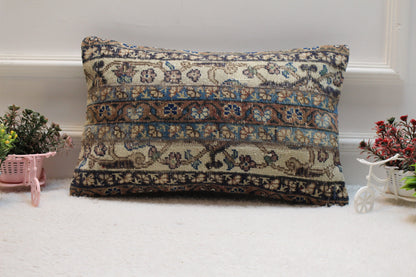 Floral Turkish Rug Lumbar Pillow Cover: Handmade Wool, 12x20 inc