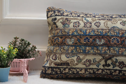 Floral Turkish Rug Lumbar Pillow Cover: Handmade Wool, 12x20 inc