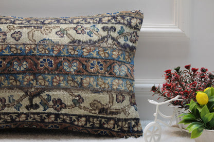 Floral Turkish Rug Lumbar Pillow Cover: Handmade Wool, 12x20 inc