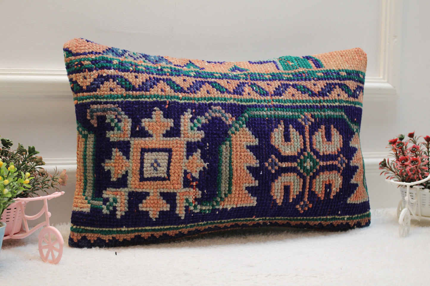 Blue Vintage Lumbar Pillow Cover: Organic Wool Turkish Rug, 12x20 inc