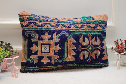 Blue Vintage Lumbar Pillow Cover: Organic Wool Turkish Rug, 12x20 inc