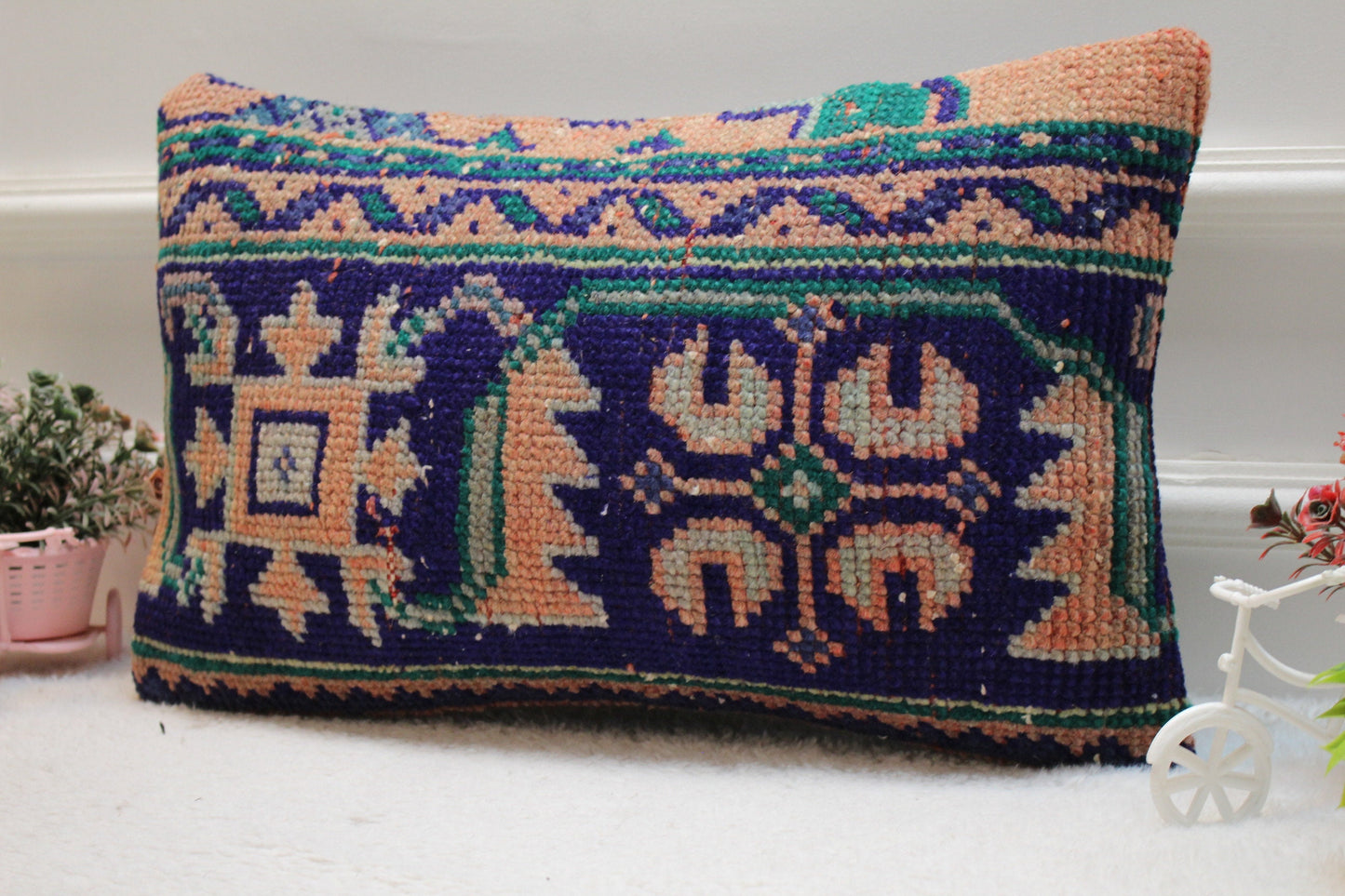 Blue Vintage Lumbar Pillow Cover: Organic Wool Turkish Rug, 12x20 inc