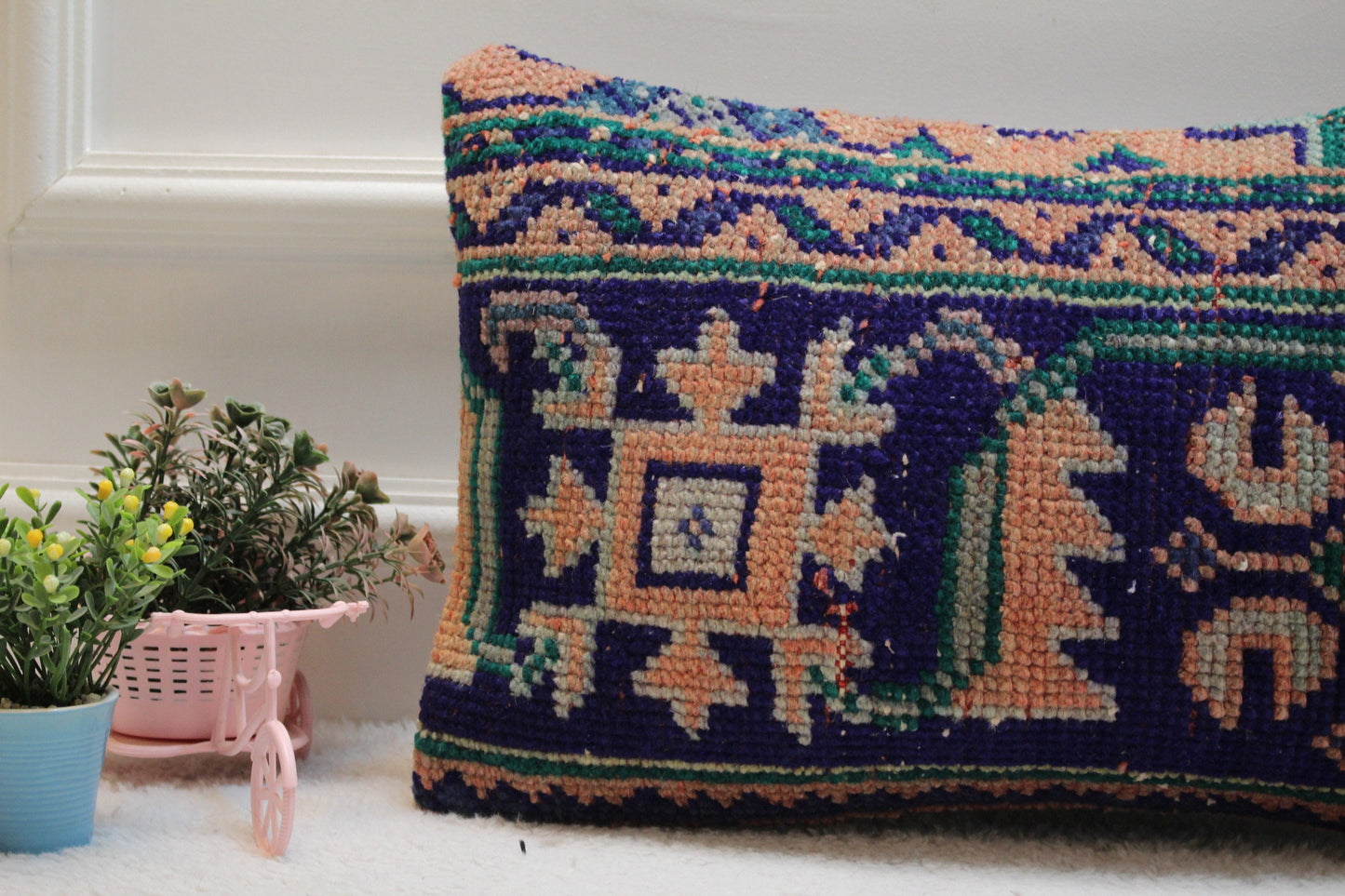 Blue Vintage Lumbar Pillow Cover: Organic Wool Turkish Rug, 12x20 inc
