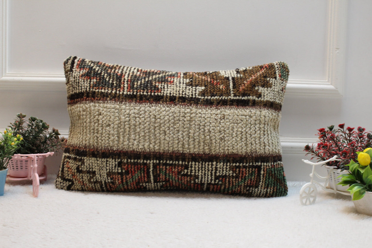 Handmade Turkish Rug Lumbar Pillow: Beige Brown Patchwork, 12x20 inc