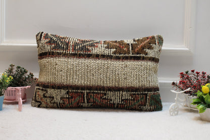 Handmade Turkish Rug Lumbar Pillow: Beige Brown Patchwork, 12x20 inc