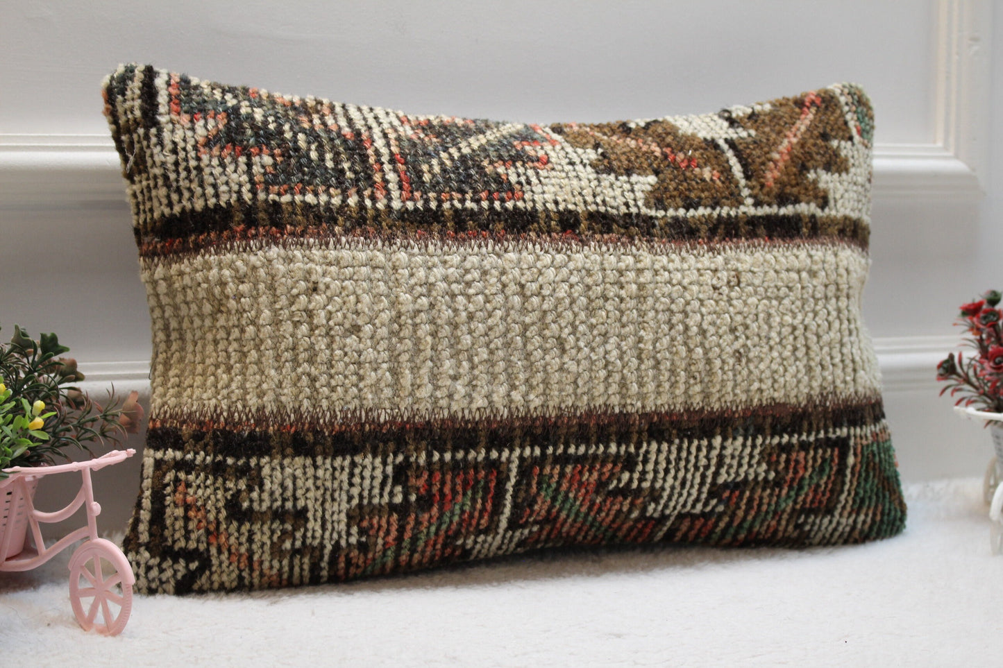 Handmade Turkish Rug Lumbar Pillow: Beige Brown Patchwork, 12x20 inc