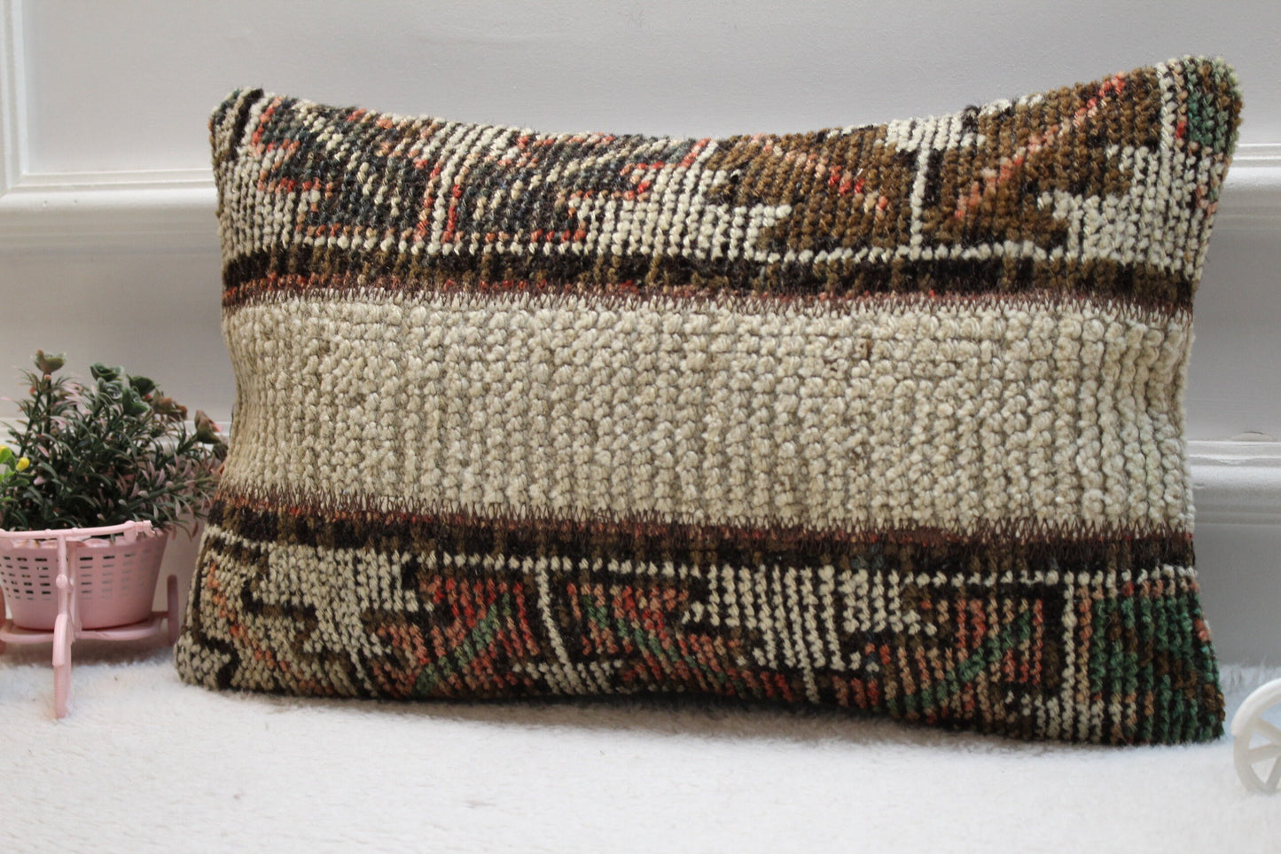 Handmade Turkish Rug Lumbar Pillow: Beige Brown Patchwork, 12x20 inc