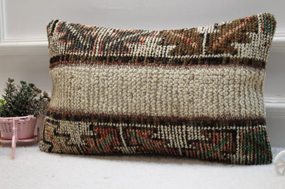 Handmade Turkish Rug Lumbar Pillow: Beige Brown Patchwork, 12x20 inc