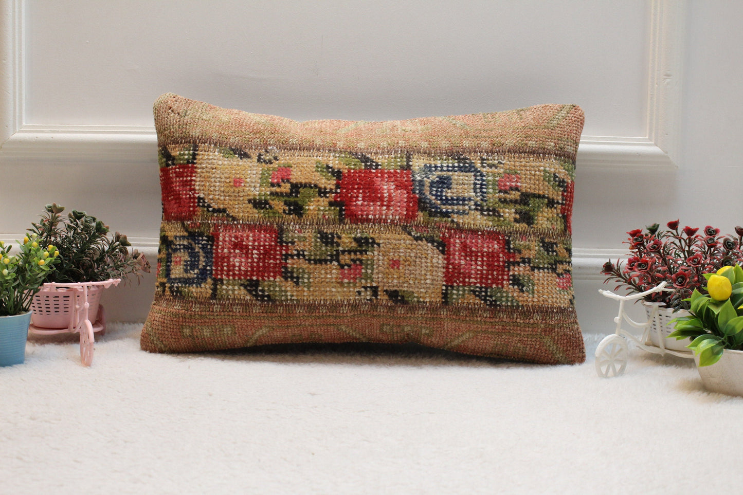 Red Turkish Rug Lumbar Pillow Cover: Vintage Woven Wool, 12x20 inc