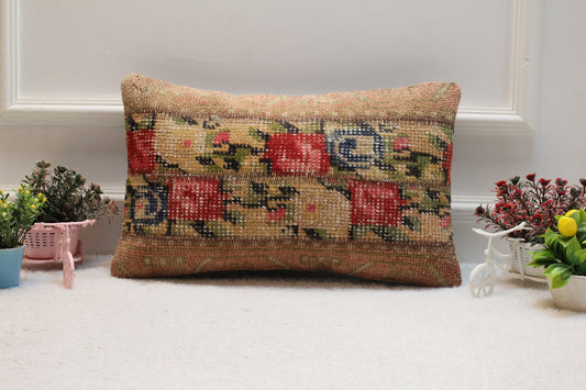 Red Turkish Rug Lumbar Pillow Cover: Vintage Woven Wool, 12x20 inc