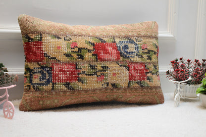 Red Turkish Rug Lumbar Pillow Cover: Vintage Woven Wool, 12x20 inc