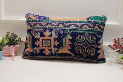 Handmade Turkish Rug Lumbar Pillow Cover: Geometric Kilim Pillow (12x20 in)