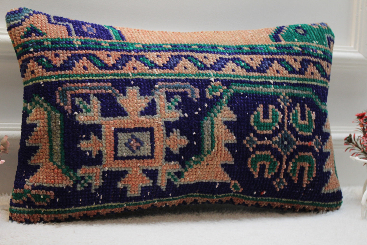 Handmade Turkish Rug Lumbar Pillow Cover: Geometric Kilim Pillow (12x20 in)
