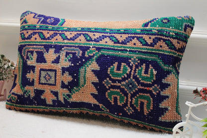 Handmade Turkish Rug Lumbar Pillow Cover: Geometric Kilim Pillow (12x20 in)