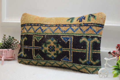 Geometric Kilim Lumbar Pillow Cover: Upcycled Turkish Rug, 12x20 inc