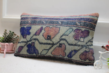 Handmade Kilim Lumbar Pillow Cover: Organic Wool Rug Pillow (12x20 in)