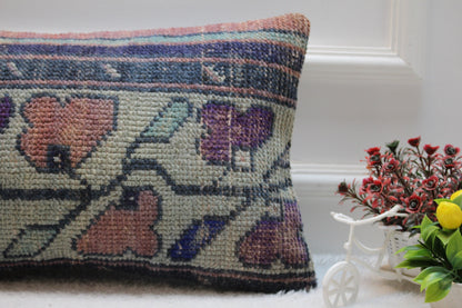 Handmade Kilim Lumbar Pillow Cover: Organic Wool Rug Pillow (12x20 in)