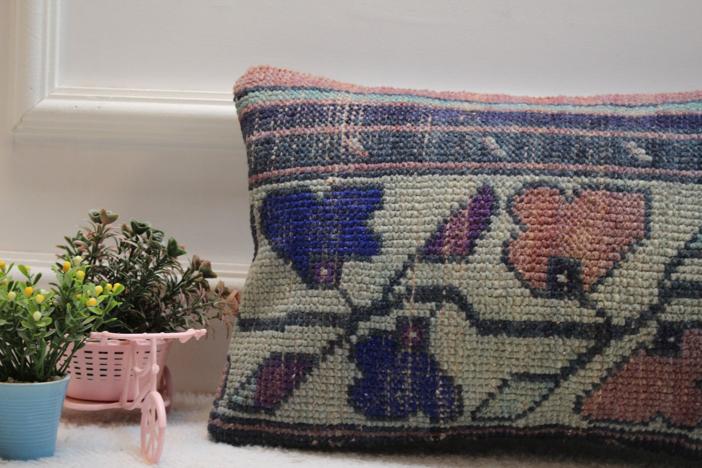 Handmade Kilim Lumbar Pillow Cover: Organic Wool Rug Pillow (12x20 in)