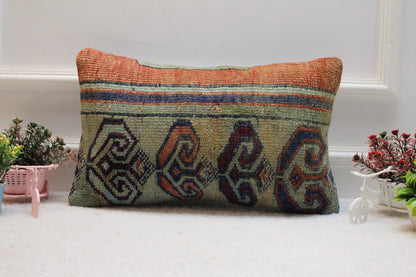 Ethnic Turkish Rug Lumbar Pillow Cover: Vintage Wool Pillow Case (12x20 in)