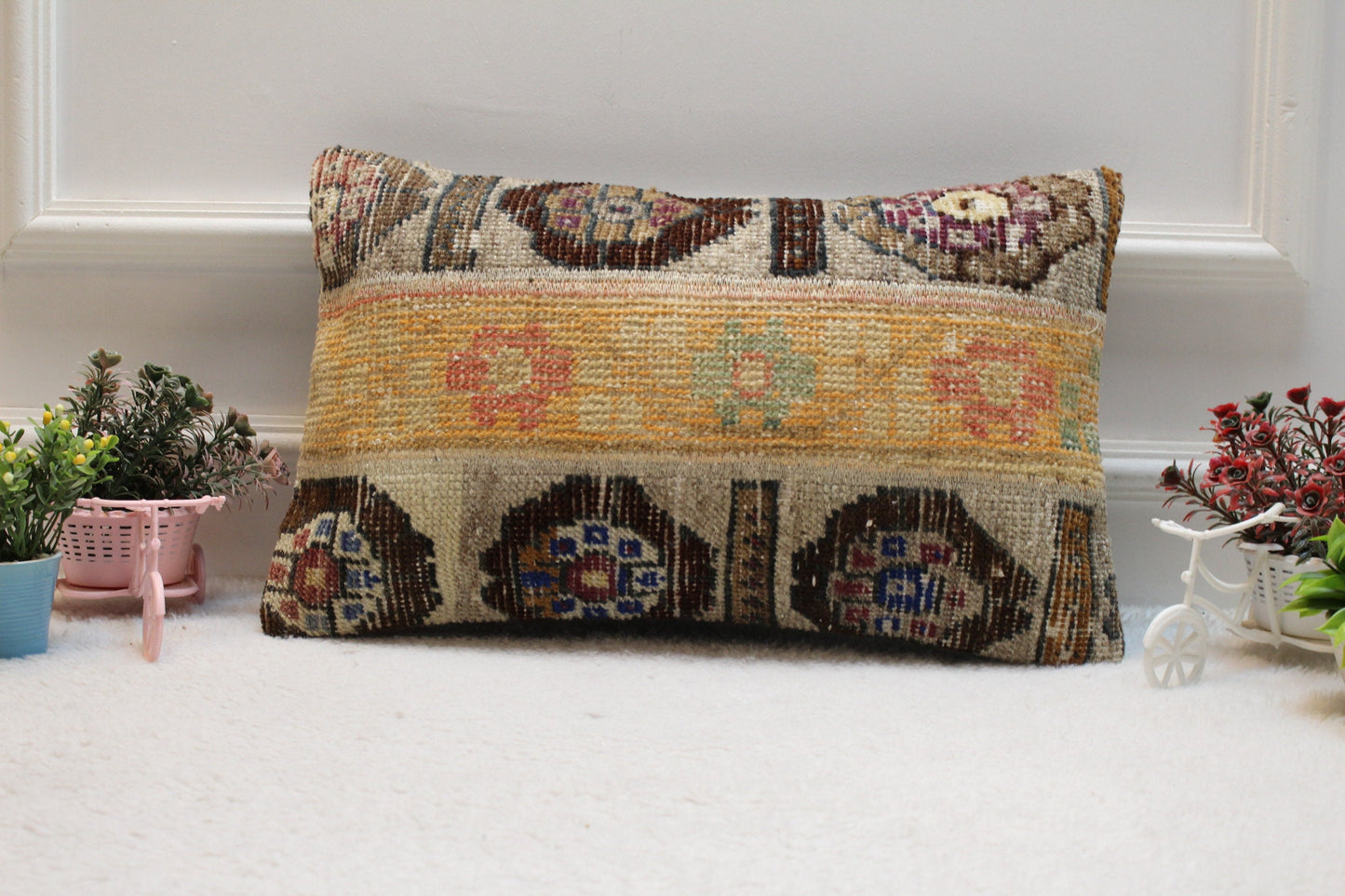Handmade Kilim Lumbar Pillow Cover: Vintage Turkish Rug, Beige 12x20 inc