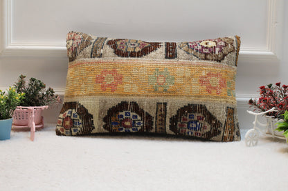 Handmade Kilim Lumbar Pillow Cover: Vintage Turkish Rug, Beige 12x20 inc
