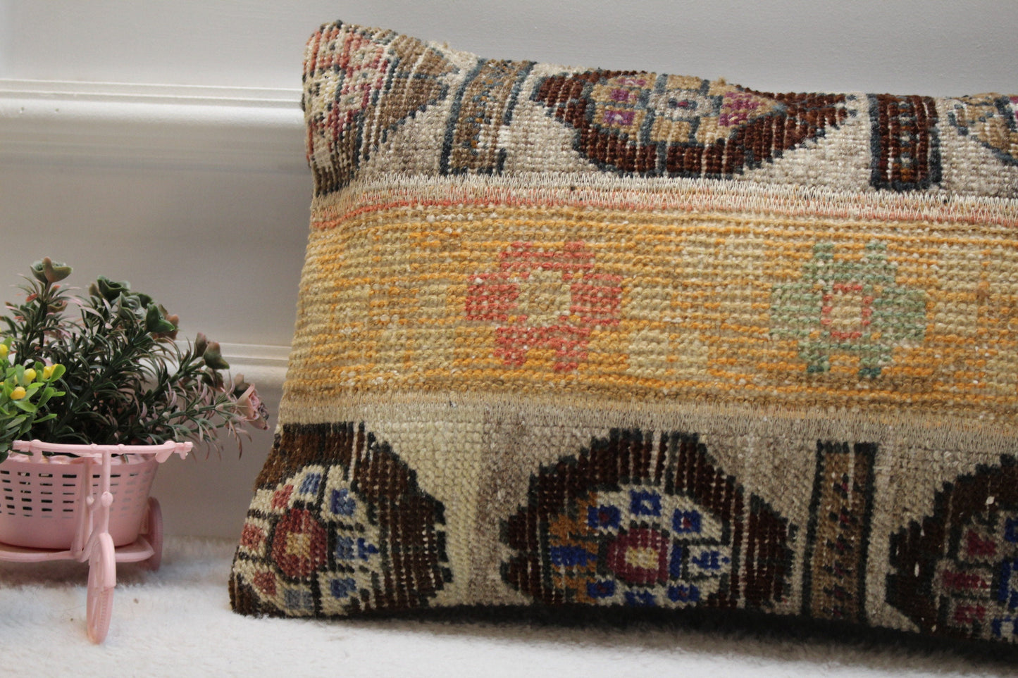 Handmade Kilim Lumbar Pillow Cover: Vintage Turkish Rug, Beige 12x20 inc
