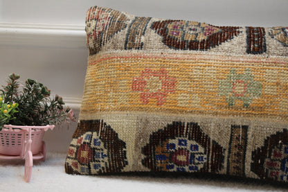 Handmade Kilim Lumbar Pillow Cover: Vintage Turkish Rug, Beige 12x20 inc