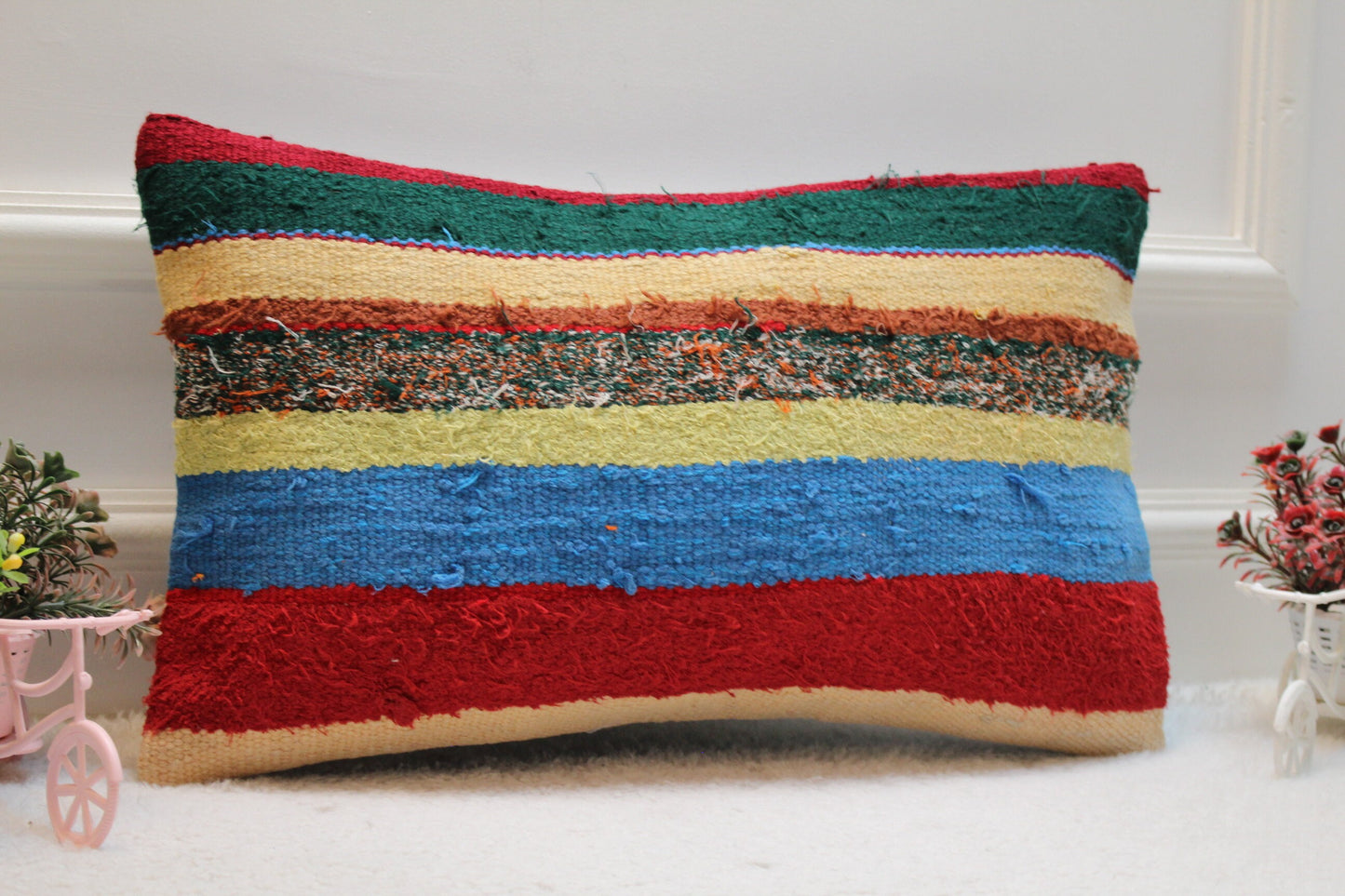 Striped Turkish Kilim Pillow: Handmade Organic Wool Lumbar Cushion (12x20 in)