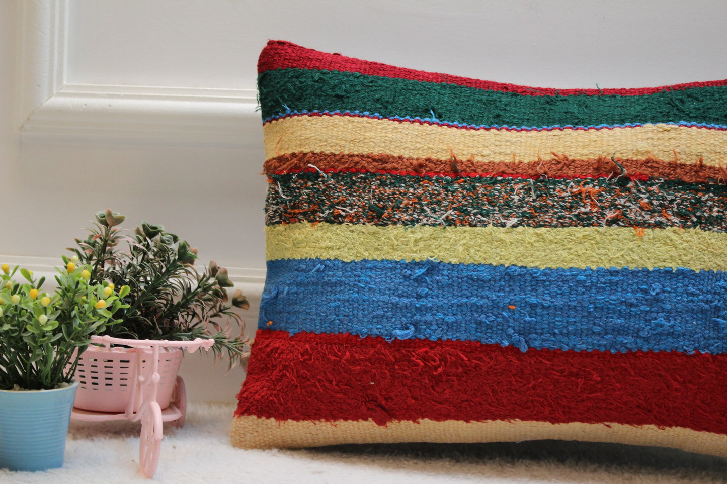 Striped Turkish Kilim Pillow: Handmade Organic Wool Lumbar Cushion (12x20 in)