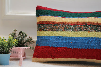 Striped Turkish Kilim Pillow: Handmade Organic Wool Lumbar Cushion (12x20 in)