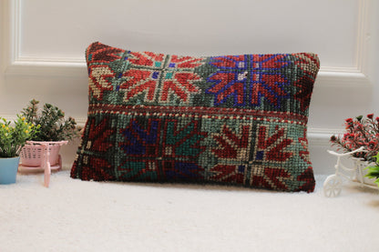 Handmade Turkish Rug Lumbar Pillow Cover: Vintage Patchwork Wool (12x20 in)