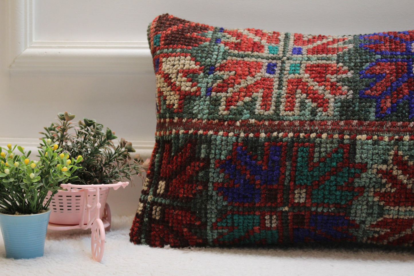 Handmade Turkish Rug Lumbar Pillow Cover: Vintage Patchwork Wool (12x20 in)