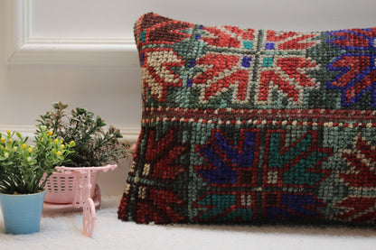 Handmade Turkish Rug Lumbar Pillow Cover: Vintage Patchwork Wool (12x20 in)
